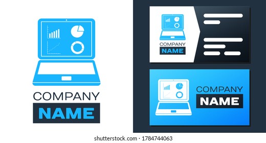 Logotype Laptop with graph chart icon isolated on white background. Report text file icon. Accounting sign. Audit, analysis, planning. Logo design template element. Vector.
