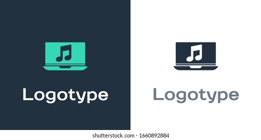 Logotype Laptop with music note symbol on screen icon isolated on white background. Logo design template element. Vector Illustration