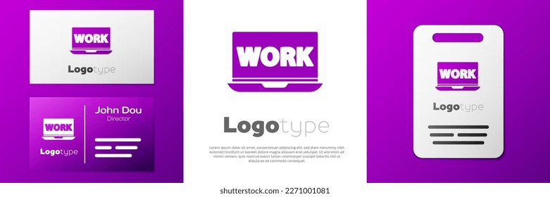 Logotype Laptop with text work icon isolated on white background. Logo design template element. Vector Illustration
