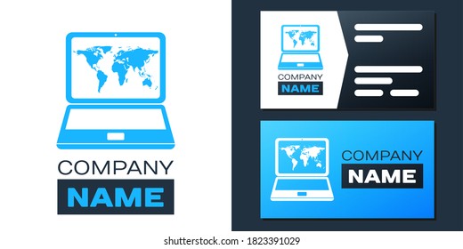 Logotype Laptop with world map on screen icon isolated on white background. World map geography symbol. Logo design template element. Vector.