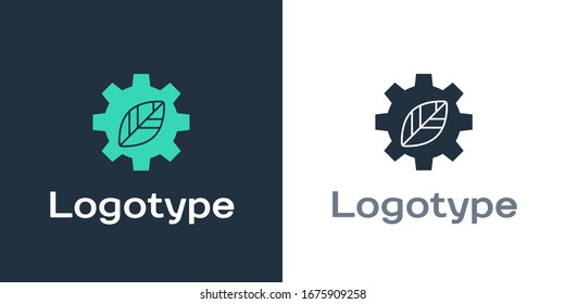 Logotype Leaf plant ecology in gear machine icon isolated on white background. Eco friendly technology. World Environment day label. Logo design template element. Vector Illustration
