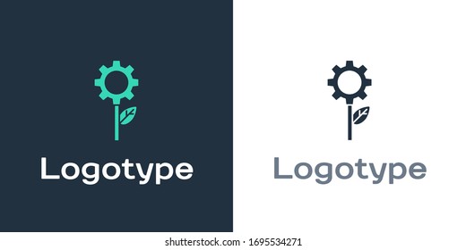 Logotype Leaf plant ecology in gear machine icon isolated on white background. Eco friendly technology. World Environment day label. Logo design template element. Vector Illustration
