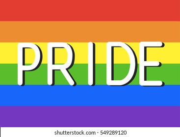 Logotype for LGBT Pride events. White word Pride with a shadow on a rainbow flag. Handmade typography. Vector illustration.