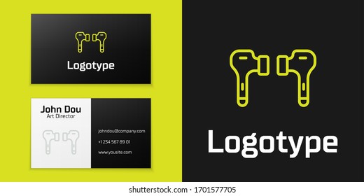 Logotype line Air headphones icon icon isolated on black background. Holder wireless in case earphones garniture electronic gadget. Logo design template element. Vector Illustration
