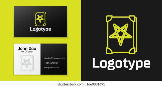 Logotype line Ancient magic book with alchemy recipes and mystic spells and enchantments icon isolated on black background. Logo design template element. Vector Illustration