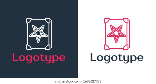 Logotype line Ancient magic book with alchemy recipes and mystic spells and enchantments icon isolated on white background. Logo design template element. Vector Illustration