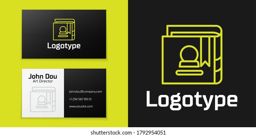 Logotype line Ancient magic book with alchemy recipes and mystic spells and enchantments icon isolated on black background. Logo design template element. Vector Illustration