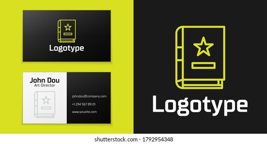 Logotype line Ancient magic book with alchemy recipes and mystic spells and enchantments icon isolated on black background. Logo design template element. Vector Illustration