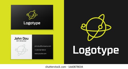 Logotype line Artificial satellites orbiting the planet Earth in outer space icon isolated on black background. Communication, navigation concept. Logo design template element. Vector Illustration