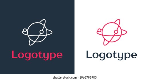 Logotype line Artificial satellites orbiting the planet Earth in outer space icon isolated on white background. Communication, navigation concept. Logo design template element. Vector Illustration