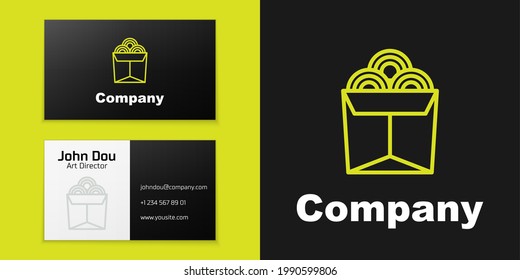 Logotype line Asian noodles in paper box and chopsticks icon isolated on black background. Street fast food. Korean, Japanese, Chinese food. Logo design template element. Vector