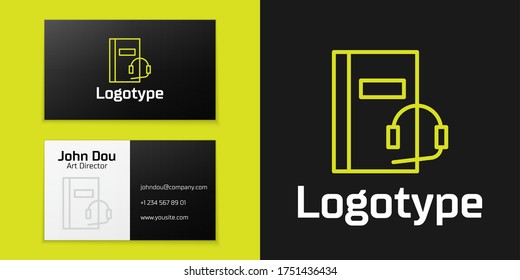 Logotype line Audio book icon isolated on black background. Book with headphones. Audio guide sign. Online learning concept. Logo design template element. Vector Illustration
