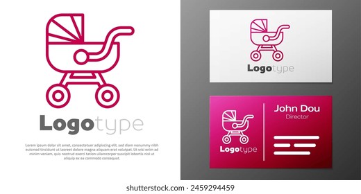 Logotype line Baby stroller icon isolated on white background. Baby carriage, buggy, pram, stroller, wheel. Logo design template element. Vector