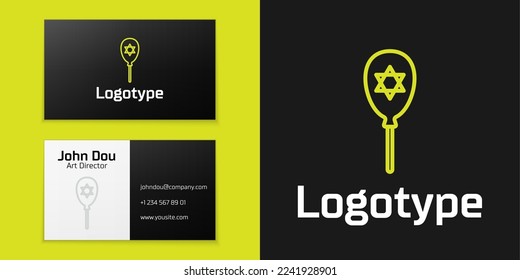 Logotype line Balloons with ribbon with star of david icon isolated on black background. Balloon with israel flag. Logo design template element. Vector
