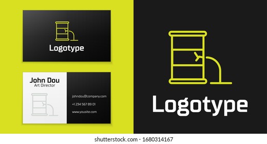 Logotype line Barrel oil leak icon isolated on black background. Logo design template element. Vector Illustration