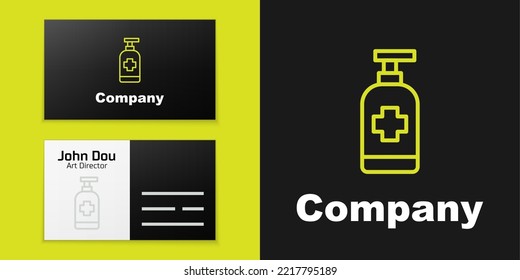 Logotype line Bottle of liquid antibacterial soap with dispenser icon isolated on black background. Antiseptic. Disinfection, hygiene, skin care. Logo design template element. Vector