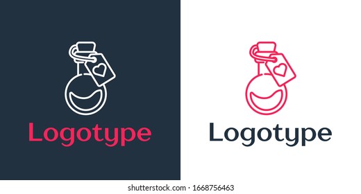 Logotype line Bottle with love potion icon isolated on white background. Valentines day symbol. Logo design template element. Vector Illustration