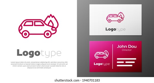 Logotype line Burning car icon isolated on white background. Car on fire. Broken auto covered with fire and smoke. Logo design template element. Vector