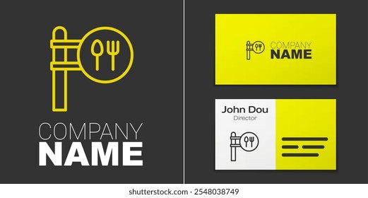 Logotipo línea Café y restaurante icono de ubicación aislado sobre fondo gris. Tenedor y cuchara letrero de comedor dentro de un punto. Elemento de Plantilla de diseño de logotipo. Vector.