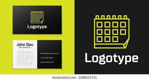Línea de logotipo Icono de calendario aislado en fondo negro. Símbolo del recordatorio de evento. Elemento de plantilla de diseño de logotipo. Ilustración vectorial