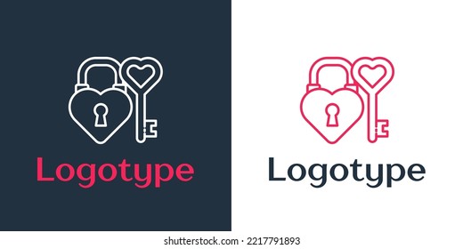 Logotype line Castle in the shape of a heart and key in heart shape icon isolated on white background. Love symbol and keyhole sign. Logo design template element. Vector Illustration