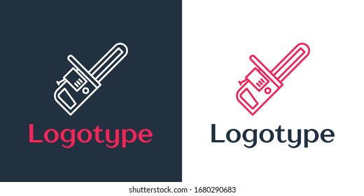 Logotype line Chainsaw icon isolated on white background. Logo design template element. Vector Illustration