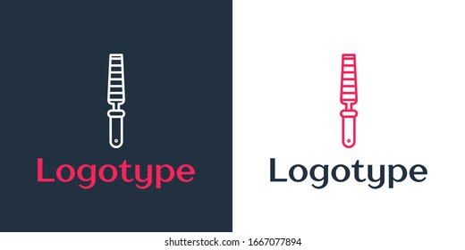 Logotype line Chisel tool for wood icon isolated on white background. Logo design template element. Vector Illustration