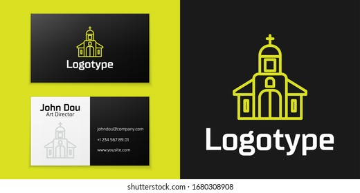 Logotype line Church building icon isolated on black background. Christian Church. Religion of church. Logo design template element. Vector Illustration
