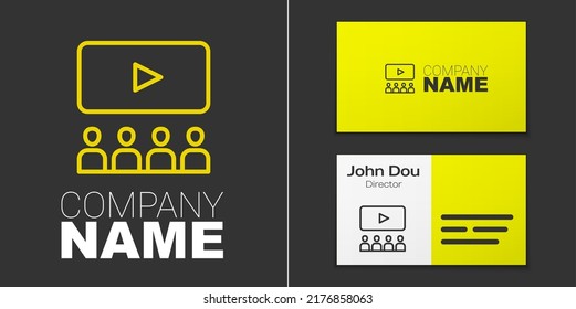 Logotype line Cinema auditorium with screen icon isolated on grey background. Logo design template element. Vector