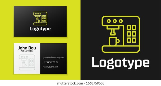 Logotype line Coffee machine icon isolated on black background. Logo design template element. Vector Illustration