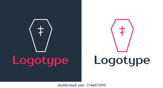 Logotype line Coffin with christian cross icon isolated on white background. Happy Halloween party. Logo design template element. Vector