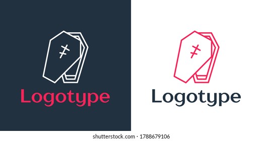 Logotype line Coffin with christian cross icon isolated on white background. Happy Halloween party. Logo design template element. Vector