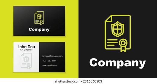 Logotype line Contract with shield icon isolated on black background. Insurance concept. Security, safety, protection, protect concept. Logo design template element. Vector