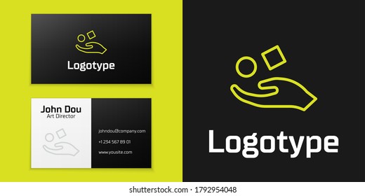 Logotype line Cube levitating above hand icon isolated on black background. Levitation symbol. Logo design template element. Vector Illustration
