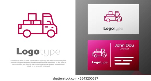 Logotype line Delivery truck with cardboard boxes behind icon isolated on white background. Logo design template element. Vector