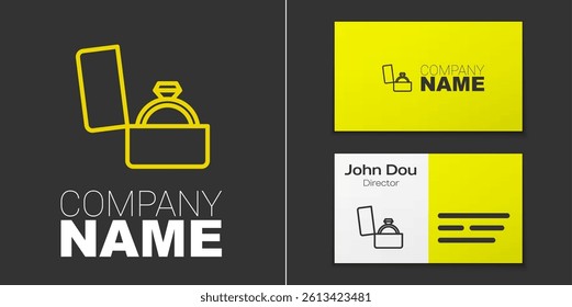 Logotype line Diamond engagement ring in a box icon isolated on grey background. Logo design template element. Vector