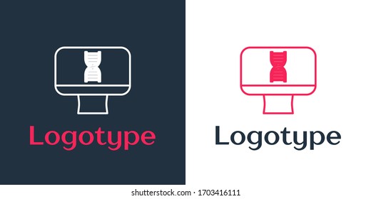 Logotype line DNA spiral and computer monitor icon isolated on white background. Polygonal medical technology research mesh art. Logo design template element. Vector Illustration