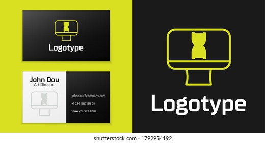 Logotype line DNA spiral and computer monitor icon isolated on black background. Polygonal medical technology research mesh art. Logo design template element. Vector Illustration