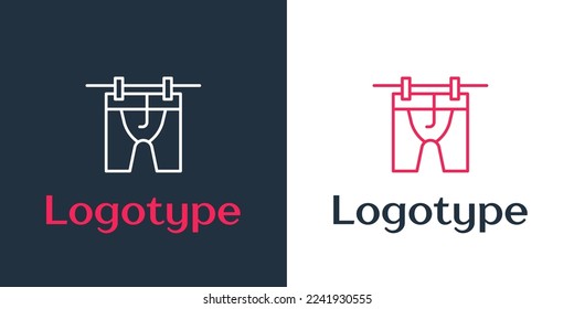 Logotype line Drying clothes icon isolated on white background. Clean shirt. Wash clothes on a rope with clothespins. Clothing care and tidiness. Logo design template element. Vector