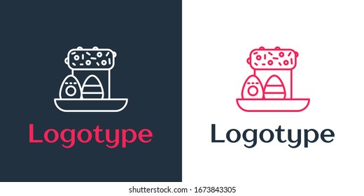 Logotype line Easter cake and eggs icon isolated on white background. Happy Easter. Logo design template element. Vector Illustration