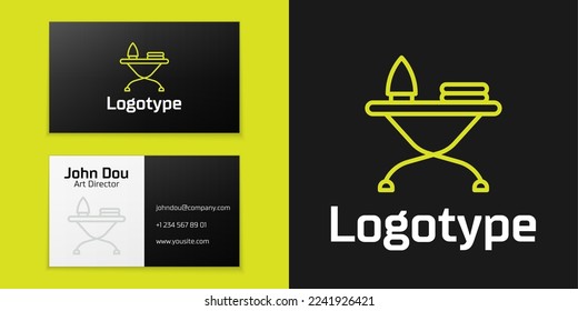 Logotype line Electric iron and ironing board icon isolated on black background. Steam iron. Logo design template element. Vector