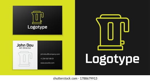 Logotype line Electric kettle icon isolated on black background. Teapot icon. Logo design template element. Vector