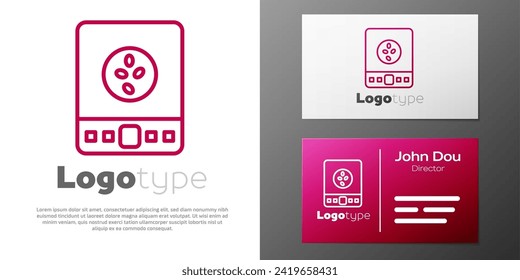 Logotype line Electronic coffee scales icon isolated on white background. Weight measure equipment. Logo design template element. Vector Illustration