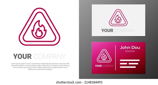 Logotype line Fire flame in triangle icon isolated on white background. Warning sign of flammable product. Logo design template element. Vector