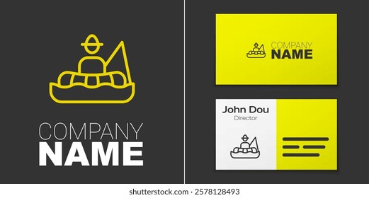 Logotype line Fisherman sitting in a boat and fishing with a rod icon isolated on grey background. Logo design template element. Vector