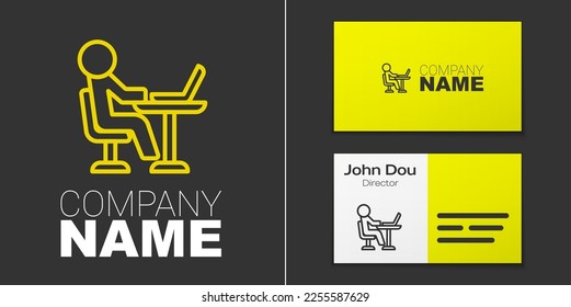 Línea de logotipo Icono de Freelancer aislado en fondo gris. Hombre independiente trabajando en una laptop en su casa. Trabajo en línea, concepto de trabajo distante. Elemento de plantilla de diseño de logotipo. Vector
