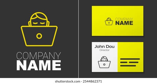 Logotype line Freelancer icon isolated on grey background. Freelancer man working on laptop at his house. Online working, distant job concept. Logo design template element. Vector