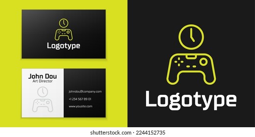 Logotype line Gamepad of time icon isolated on black background. Time to play games. Game controller. Logo design template element. Vector