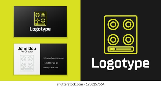 Línea de logotipo Icono de estufa de gas aislado en fondo negro. Firma de escritorio. Hob con cuatro quemadores de círculo. Elemento de plantilla de diseño de logotipo. Vector