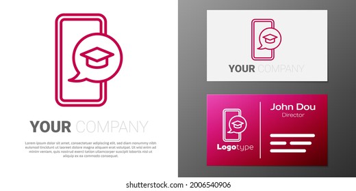 Logotype line Graduation cap on screen smartphone icon isolated on white background. Online learning or e-learning concept. Logo design template element. Vector